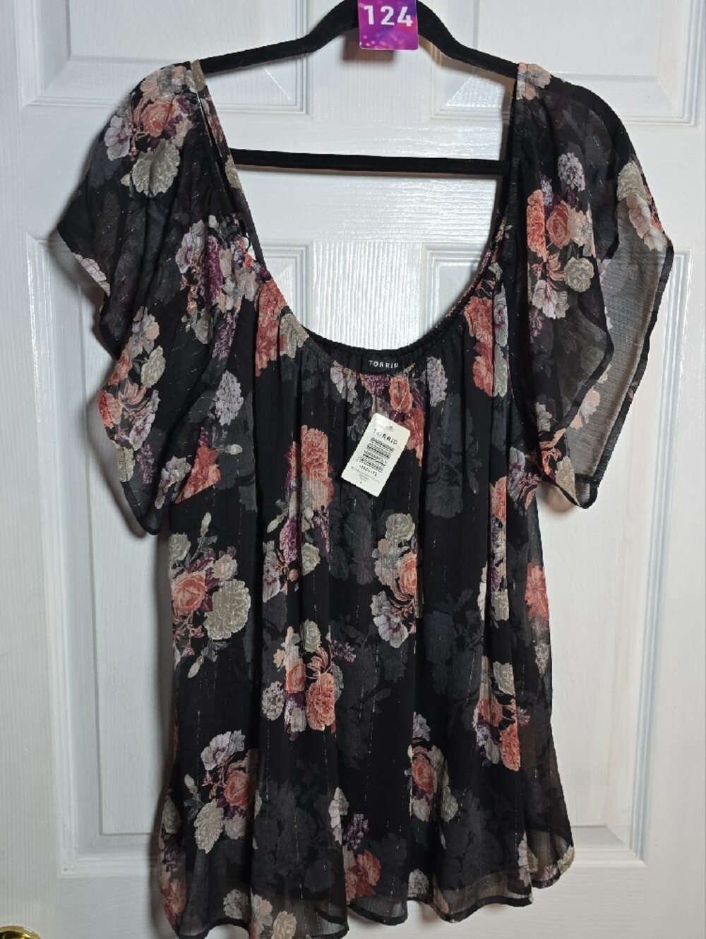 124 torrid 1 1X Black Floral Sheer Blouse with Pink and Orange Blooms - Picture 5 of 6